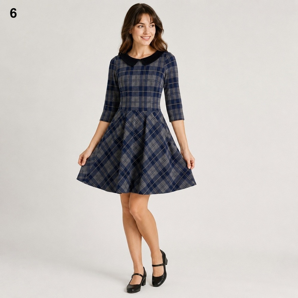 Joanie Dark Academia Dress Womens 4 Gray Navy Plaid Black Velvet Collar Pockets